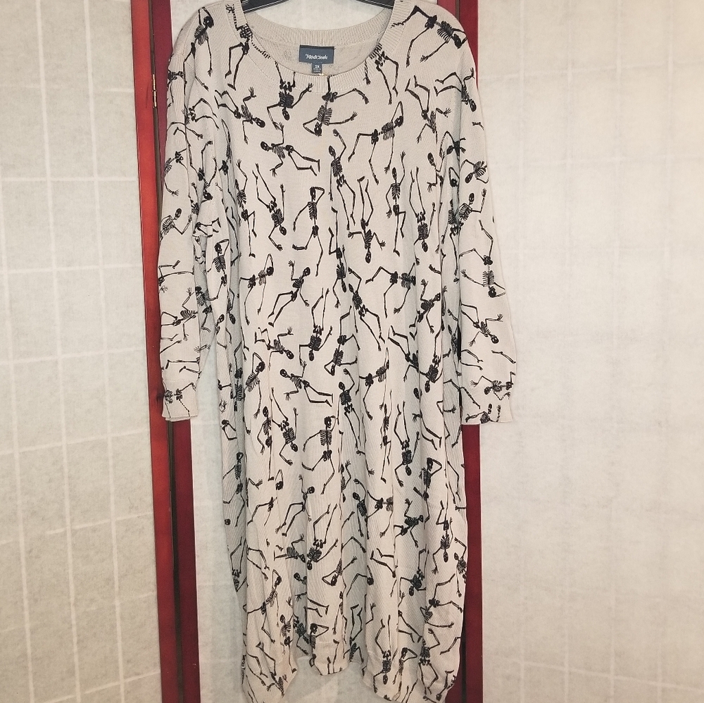 ModCloth Gray and Black Dancing Skeleton Pattern Sweater Dress - Picture 2 of 4